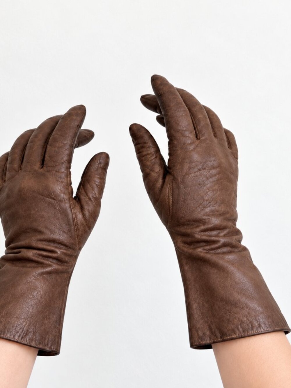 Vintage 1960s Ladylike Brown Leather Silk Lined Long Gloves France S